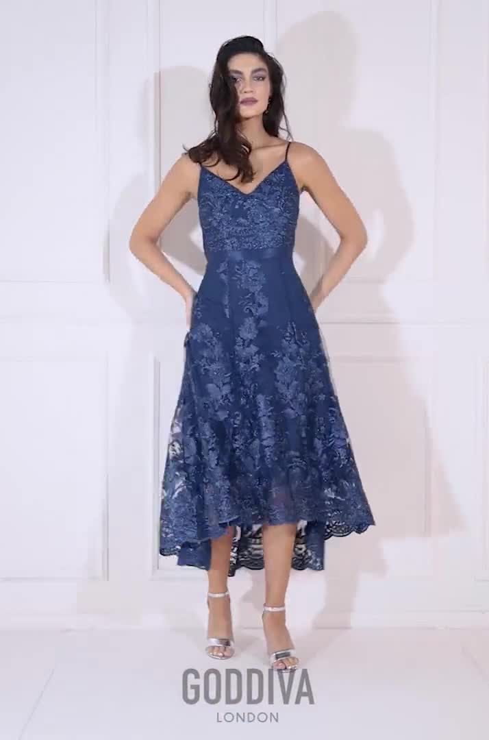 Dipped Hem Sleeveless Lace Midi Navy perfect for birthday party Race days wedding guests and other semi formal occasions